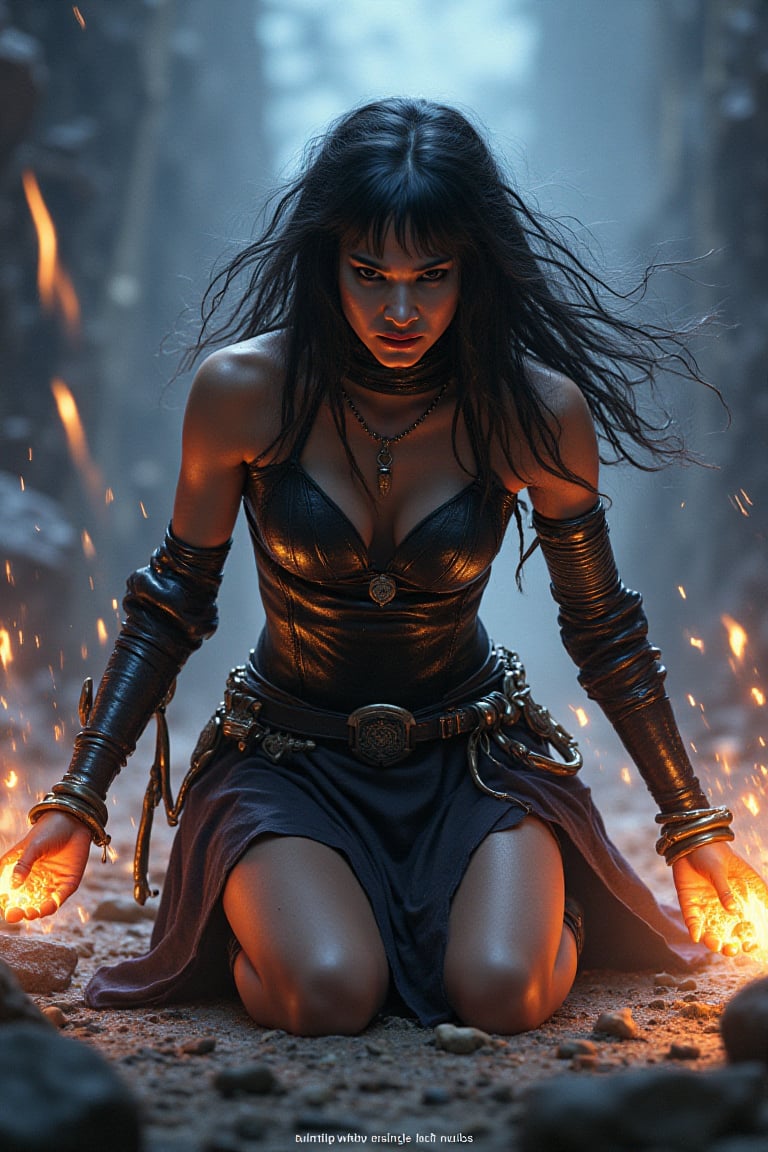 a high quality, dramatic illustration of [Sofia Boutella] on her knees, [defeated but not broken], giving a furious look at the enemy, fantasy, powerful, emotional, dynamic pose, detailed character design, magical elements, glowing runes, mystical atmosphere, intense lighting, digital painting, epic battle scene, cinematic composition, fantasy art, heroic character, fantasy warrior, digital artwork, artistically stylized, protagonist, defeated but defiant, enemy confrontation, focus on emotions, determined expression