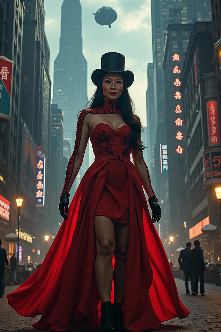 a high quality, cinematic image of [Lucy Liu] in a red dress and a top hat playing the role of a [[cyborg killer]] in a fantasy city. The scene captures her standing tall amidst the futuristic skyscrapers and neon lights of the bustling metropolis. The setting is filled with intricate details like flying airships, floating islands, and mythical creatures roaming the streets. The atmosphere is surreal and magical, transporting the viewer into a world beyond imagination. The lighting is dramatic, casting shadows and highlights that enhance the mysterious and enigmatic nature of the character. This image combines elements of sci-fi and fantasy, creating a visually captivating and immersive artwork.