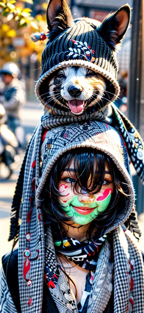 1girl, solo, simple background, Grey hair, hat, blur background, opened eyes, upper body, best smile, scarf, realistic, autumn clothes, cute animal hat