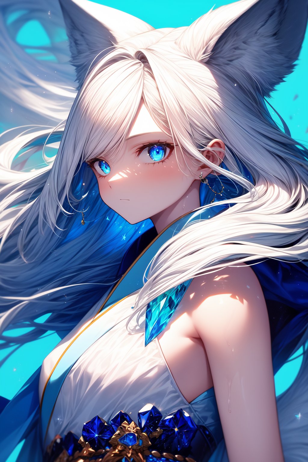 1girl, female_solo, white hair, long hair, blue eyes, white kimono, white wolf ears, white wolf tail, blue background, glowing, complex_background, cool themes, crystals,(masterpiece:1.3),(highly detailed:1.3),(highres:1.1),Ultra-detail