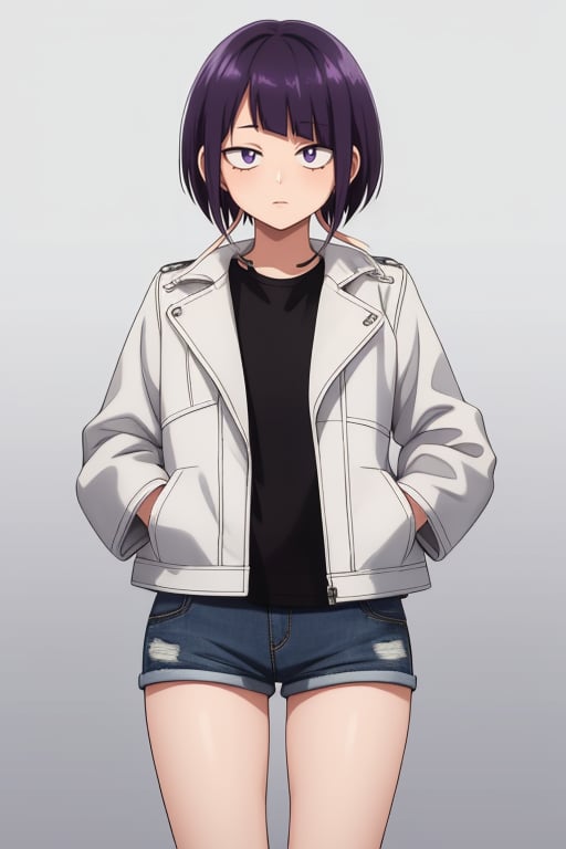 1girl, female_solo, short hair, dark purple hair, bangs, gray eyes, smiling, shy, earphones, white shirt, black leather jacket, denim shorts, simple_background, masterpiece,       jiro kyoka, ,jirou_kyouka