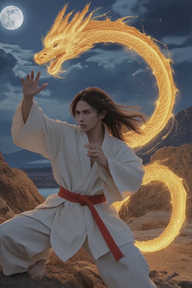 The image showcases a digital artwork with a vibrant, detailed style reminiscent of fantasy illustrations. The composition centers on a martial artist in traditional attire, dynamically posed with one hand extended forward. Behind him, an ethereal, glowing golden dragon coils, creating a sense of motion and energy. The background features a dramatic night sky with a full moon illuminating a rugged landscape, adding depth and mystique. The character's focused expression and flowing hair emphasize action and concentration. The interplay of light between the dragon and the scene highlights the fantastical element, creating a captivating visual narrative.