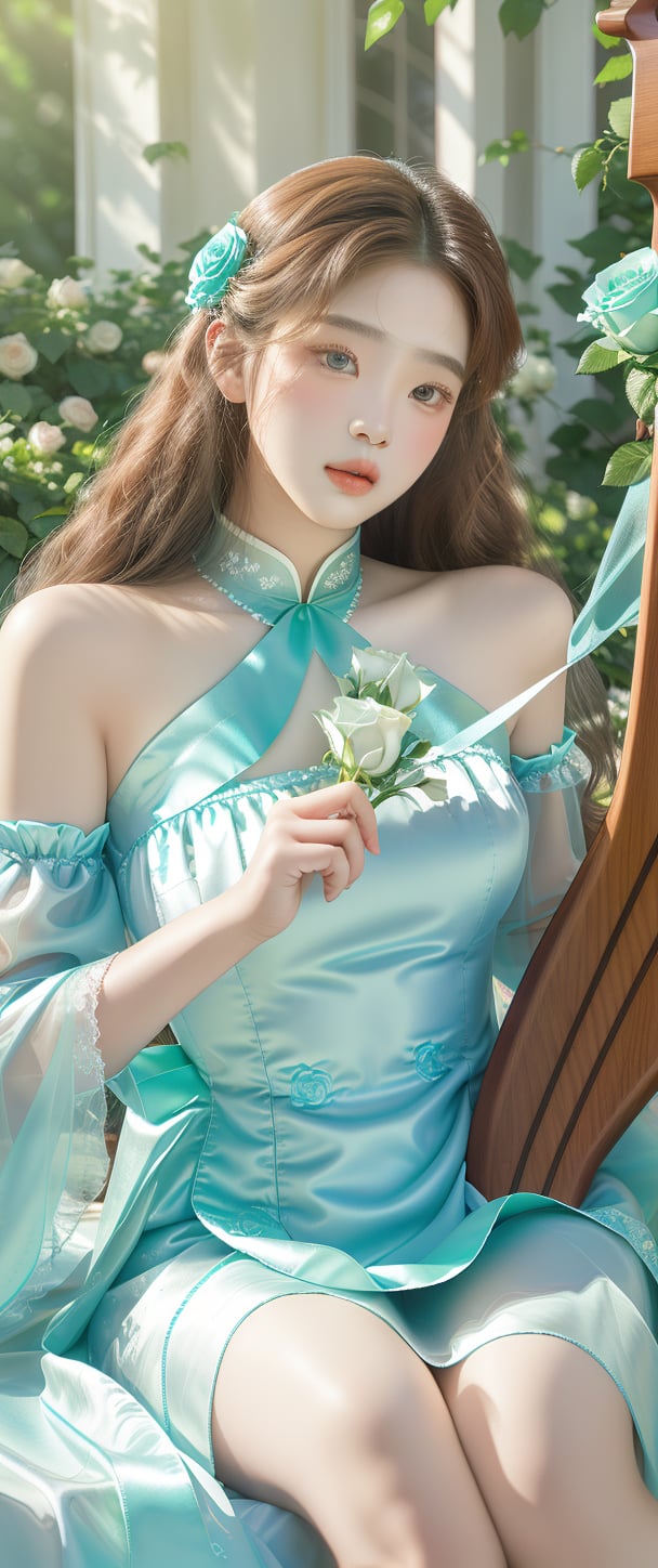 The photos are captured in a digital realism style, showcasing vibrant colors and exquisite detail. The artist's work emphasizes realistic rendering and a dreamlike atmosphere. At the center of the composition is an elegant young woman holding a bouquet of blue roses and leaning against a harp. She wore an elegant, flowing turquoise cheongsam embellished with delicate floral patterns. Her long curly hair was tied high and accessorized with matching turquoise jewelry. The background is softly blurred, highlighting the green foliage and sunny outdoors, creating a peaceful and harmonious atmosphere. The soft light and fine details of her costume add an ethereal and calm atmosphere to the image.