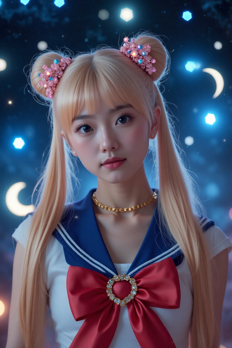 8K photography, with a surreal style, vivid colors and intricate details. The composition of the work centers on a Sailor Moon-like character, against a dark cosmic background dotted with glowing crescent moons and stars. The Taiwanese beauty has long blonde ponytails decorated with crystals and wears a sailor suit with a red bow and heart-shaped badge. The background is a blurry blue with celestial symbols emphasizing the magical theme. Echoing the character’s iconic pose.