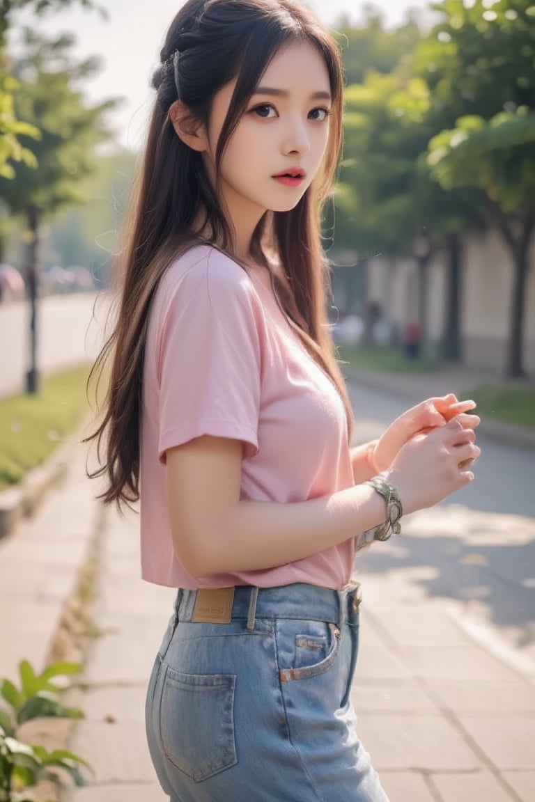 1girl, solo, long hair, looking at viewer, brown hair, shirt, holding, brown eyes, standing, white shirt, short sleeves, outdoors, parted lips, day, pants, blurry, from side, lips, blurry background, denim, pink shirt, jeans, realistic, photo background