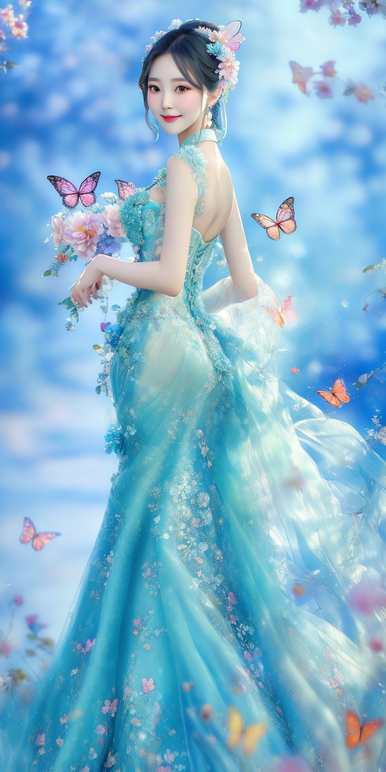 This photo looks like a portrait photo with a modern and professional style. It captures a gentle Taiwanese woman wearing an elegant, intricately designed aqua backless dress, looking back at the camera with a smile. The composition centers on her figure, emphasizing her graceful posture against a soft, blurred background. The background features a blue gradient with blurry shapes, possibly suggesting a dusk sunset scene, with faint abstract flowers or trees. Decorative elements such as delicate floral patterns on the skirt add intricate detail to the picture. Holding colorful dreamy light and shadow butterflies, and surrounded by many neon butterflies, overall, this photo exudes a dreamy and elegant atmosphere.