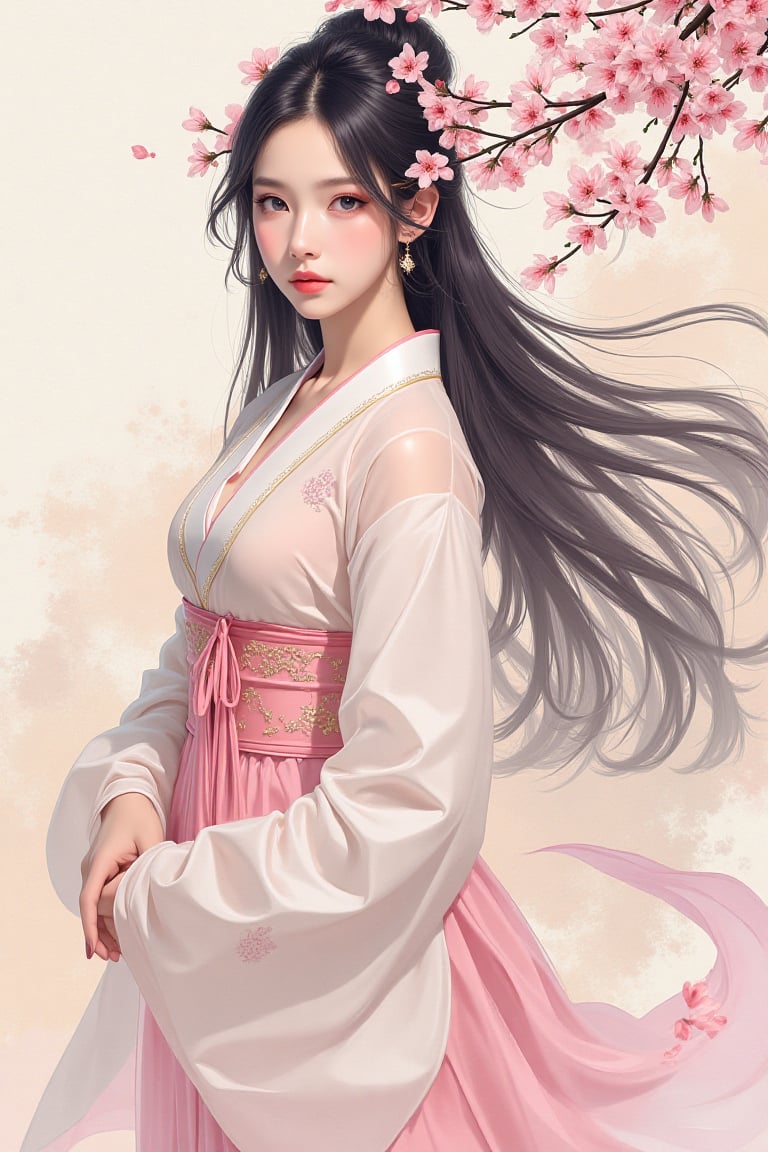 A colorful ink painting that is as real as a real photo. The central figure of the composition is a young Chinese woman wearing traditional Hanfu, which is enhanced by soft tones. Long flowing hair and delicate features stand out, while cherry blossoms adorn her hair and surrounding area, adding a sense of elegance and serenity.
The background is an abstract mix of pastel colors and ink-like splashes, reminiscent of traditional East Asian paintings that complement the subject matter. The soft colors of her dress interact subtly with the surrounding flowers, creating a harmonious balance that makes the image visually captivating and tranquil.