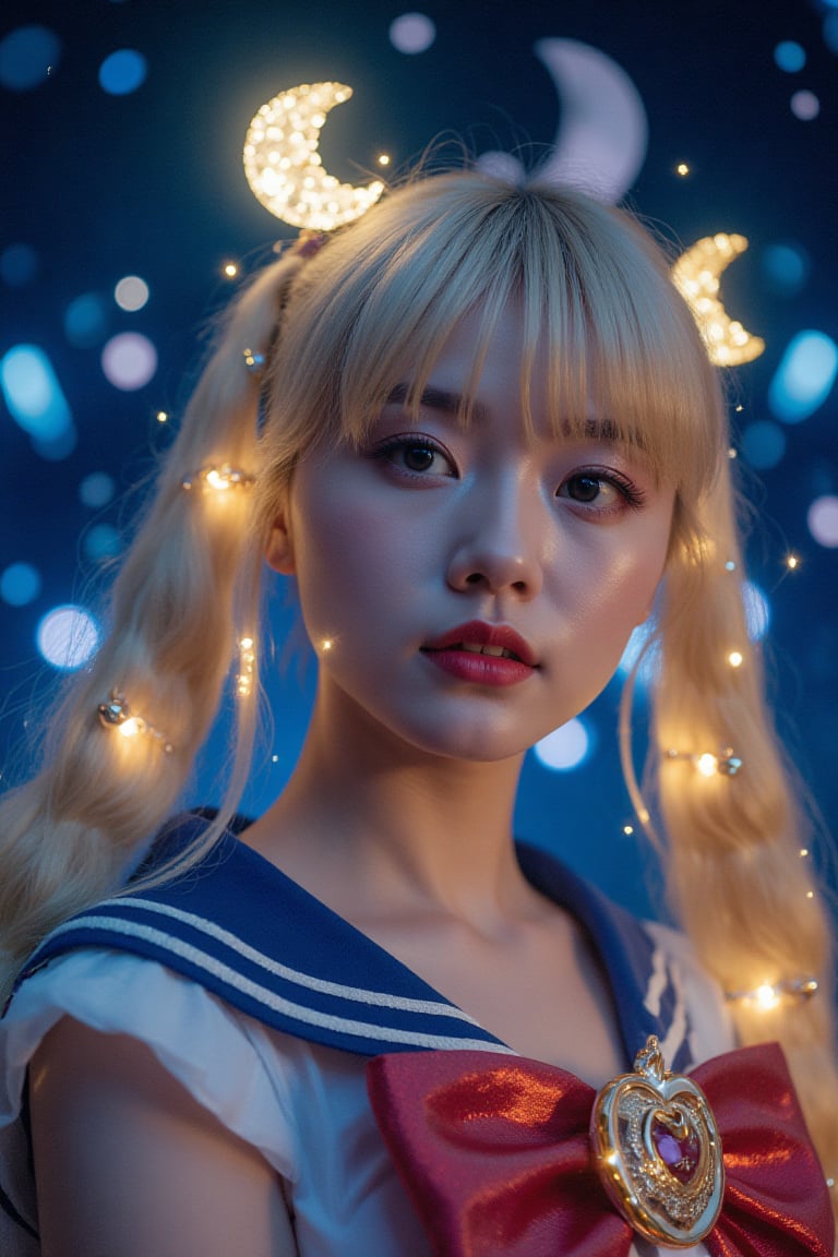 8K photography, with a surreal style, vivid colors and intricate details. The composition of the work centers on a Sailor Moon-like character, against a dark cosmic background dotted with glowing crescent moons and stars. The Taiwanese beauty has long blonde ponytails decorated with crystals and wears a sailor suit with a red bow and heart-shaped badge. The background is a blurry blue with celestial symbols emphasizing the magical theme. Echoing the character’s iconic pose.