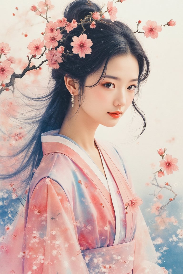 A colorful ink painting that is as real as a real photo. The central figure of the composition is a young Chinese woman wearing traditional Hanfu, which is enhanced by soft tones. Long flowing hair and delicate features stand out, while cherry blossoms adorn her hair and surrounding area, adding a sense of elegance and serenity.
The background is an abstract mix of pastel colors and ink-like splashes, reminiscent of traditional East Asian paintings that complement the subject matter. The soft colors of her dress interact subtly with the surrounding flowers, creating a harmonious balance that makes the image visually captivating and tranquil.