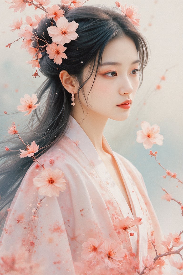 A colorful ink painting that is as real as a real photo. The central figure of the composition is a young Chinese woman wearing traditional Hanfu, which is enhanced by soft tones. Long flowing hair and delicate features stand out, while cherry blossoms adorn her hair and surrounding area, adding a sense of elegance and serenity.
The background is an abstract mix of pastel colors and ink-like splashes, reminiscent of traditional East Asian paintings that complement the subject matter. The soft colors of her dress interact subtly with the surrounding flowers, creating a harmonious balance that makes the image visually captivating and tranquil.