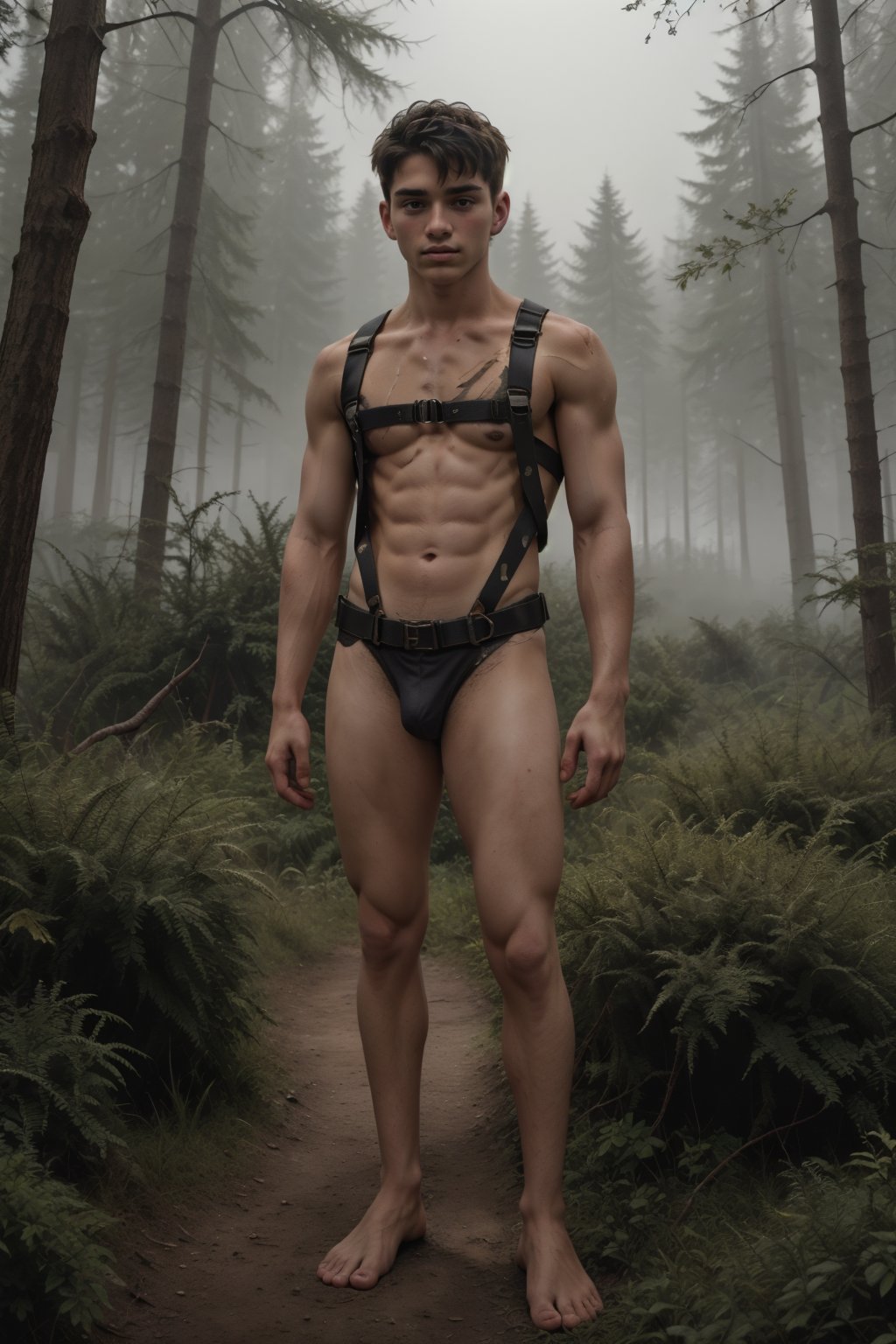 beautiful photo,prettyboy, pretty boy, full body, handsome teenage boy, 18 years old, smooth, small waist, advertuerer, explorer, wearing a harness and tattered clothes, beautiful unexplored wilderness, tan lines , striking lighting, raw,(skin imperfection),RAW photo, perfect eyes