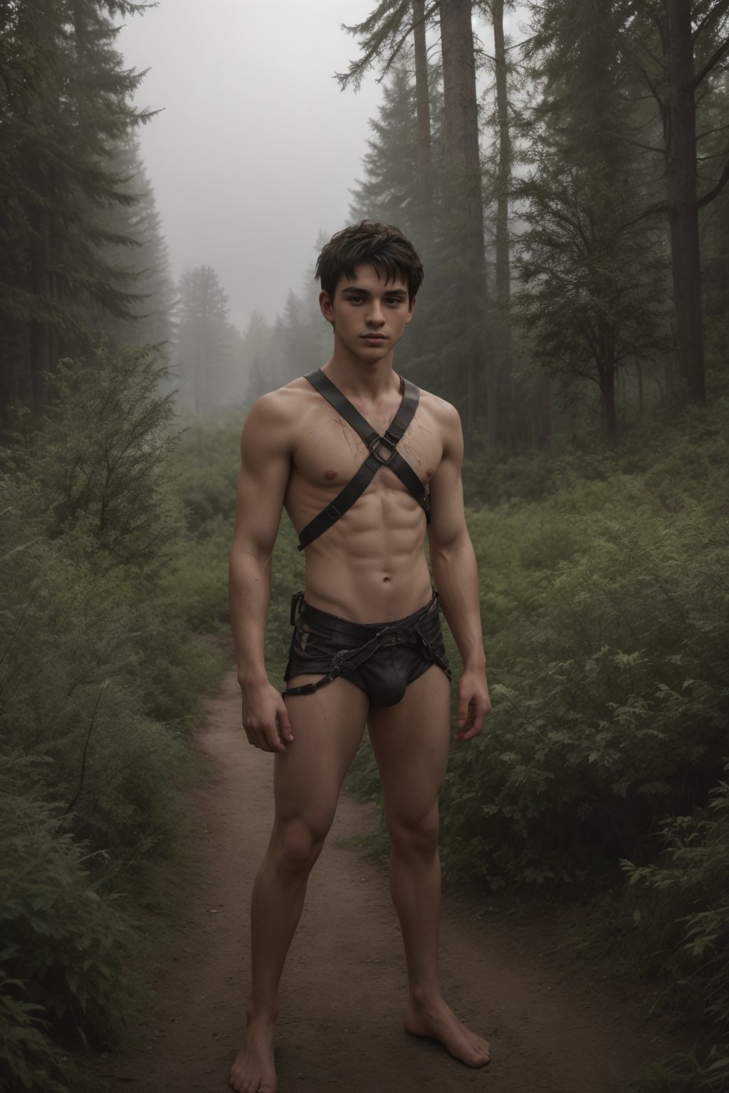 beautiful photo,prettyboy, pretty boy, full body, handsome teenage boy, 18 years old, smooth, small waist, advertuerer, explorer, wearing a harness and tattered clothes, beautiful unexplored wilderness, tan lines , striking lighting, raw,(skin imperfection),RAW photo, perfect eyes