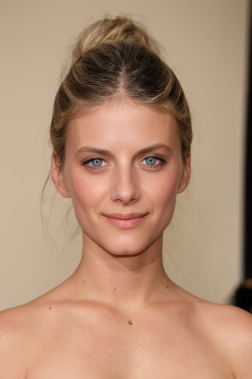 A hyperrealistic photo of Melanie Laurent's upper body, focusing on her facial details and skin texture. She's wearing natural makeup, with a light touch of blush on her cheekbones, mascara on her upper lashes, and a creamy nude lipstick. The image is a portrait style, with soft natural lighting, as if she were in a photo studio. The resolution of the image should be high, focusing on the sharpness and details of the skin.