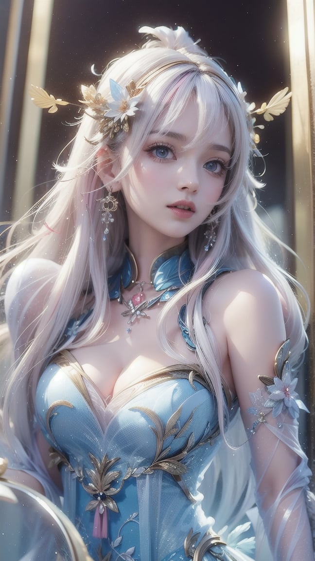 1 Japanese girl, (white hair), (big curly hair), (pink highlights at the ends of hair), (medium chest), (medium cleavage), (transparent direct-view dress), (transparent direct-view dress ),ancient China