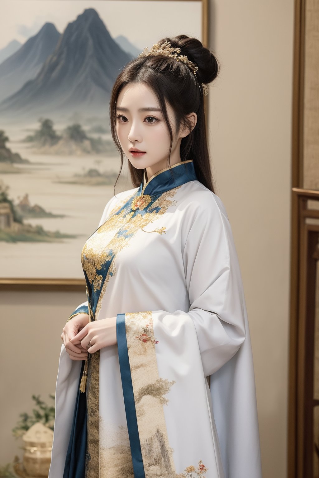  The heroine of the Chinese costume drama "Mo Yu Yun Jian" holds a landscape painting, unfolds the scroll, and watches