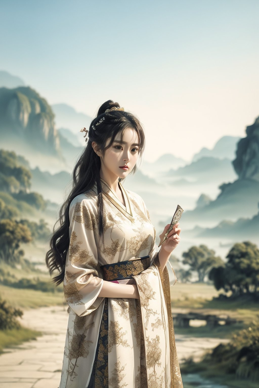  The heroine of the Chinese costume drama "Mo Yu Yun Jian" holds a landscape painting, unfolds the scroll, and watches