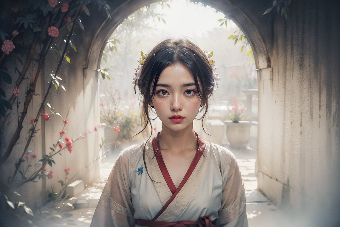 A girl, wearing hanfu, peony garden, butterfly, (negative space:1.4), fusion of art nouveau styles with gongbi painting, gold and white and red hue, Mucha style, (Cinematic lighting, ethereal light, intricate details, extremely detailed, incredible details, full colored), complex details, hyper maximalist, gorgeous light and shadow, detailed decoration, detailed lines. masterpiece, best quality, HDR, UHD, unreal engine. looking at the camera, fair skin, beautiful face,myhanfu,Colors,ChineseWatercolorPainting