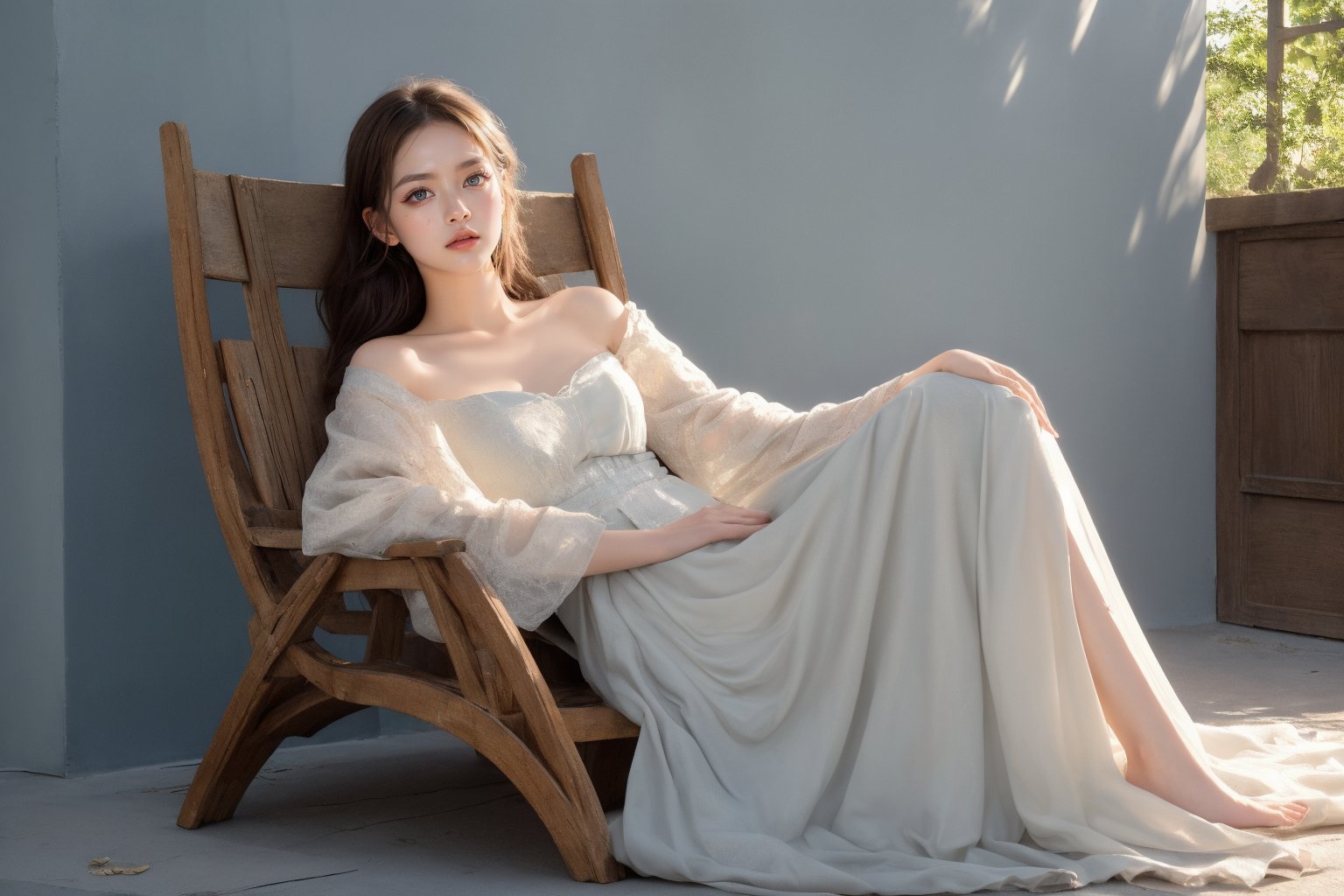 A serene tableau unfolds: the weathered gray-blue wall serves as a stoic backdrop, half-illuminated by warm sunlight that casts a gentle glow. A chair sits askew on the ground, occupied by a stunning woman clad in a flowing white dress. She reclines effortlessly, her body language exuding a sense of confusion and relaxation as she basks in the sun's radiant beams. The entire scene is bathed in a soft, golden light, with the subject's gentle pose and the chair's rustic texture harmonizing in perfect sync.