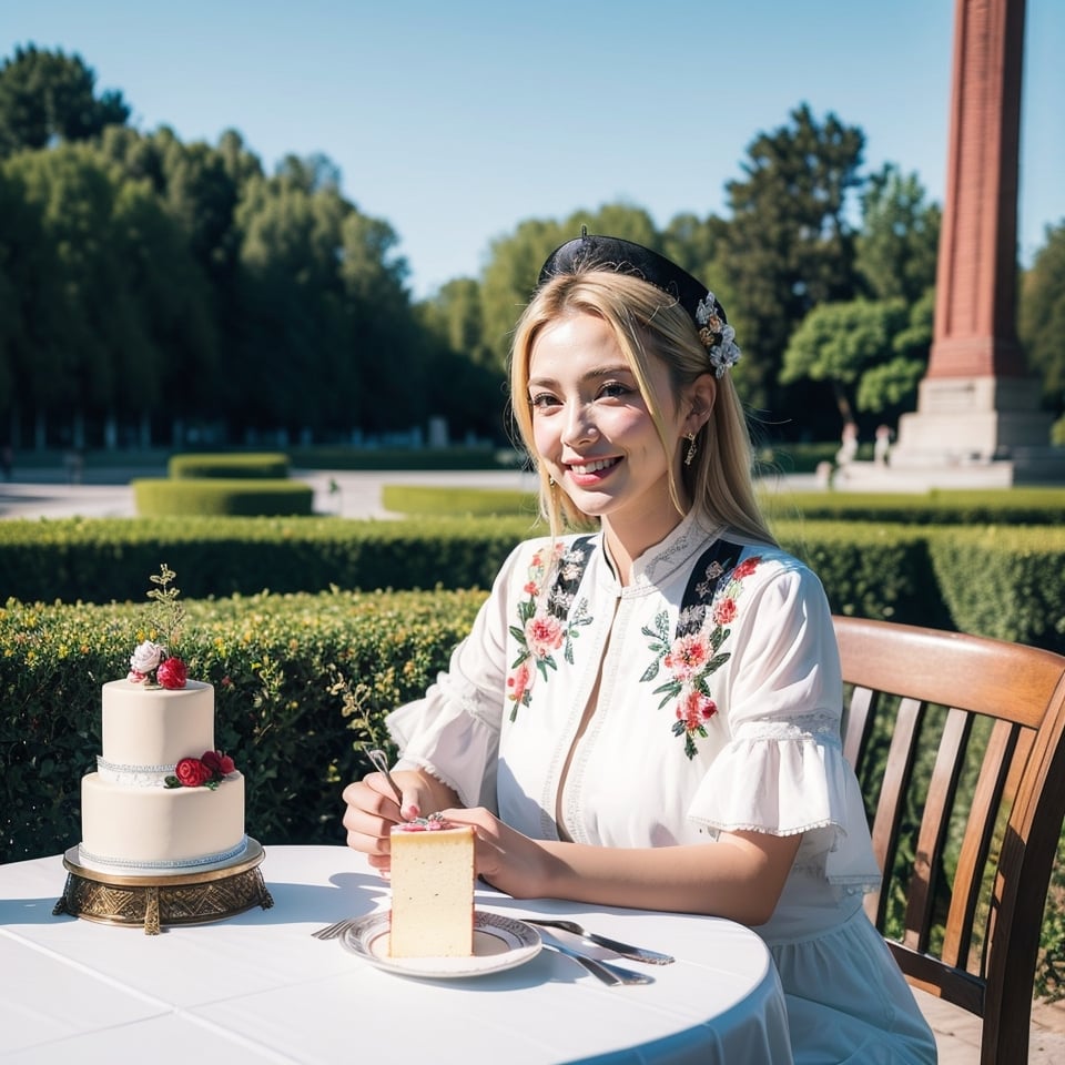 1girl, Beautiful young woman, blonde, smiling, (in beautiful Ukrainian national costume embroidery ornament white, black), sunny day, botanical garden, realistic, eating cake,