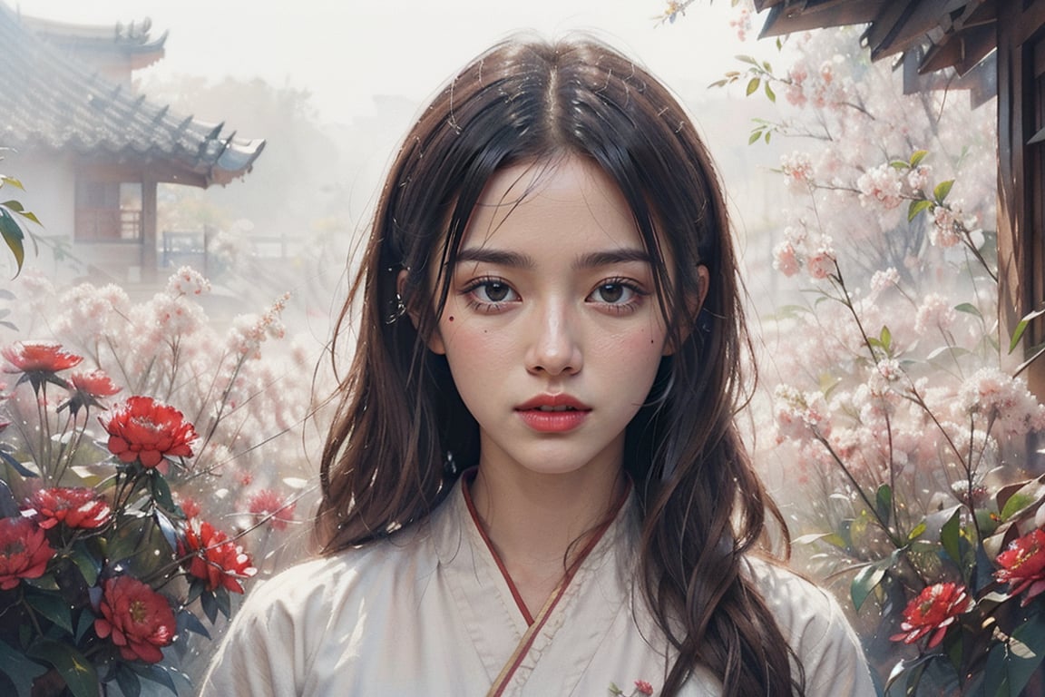 A girl, wearing hanfu, peony garden, butterfly, (negative space:1.4), fusion of art nouveau styles with gongbi painting, gold and white and red hue, Mucha style, (Cinematic lighting, ethereal light, intricate details, extremely detailed, incredible details, full colored), complex details, hyper maximalist, gorgeous light and shadow, detailed decoration, detailed lines. masterpiece, best quality, HDR, UHD, unreal engine. looking at the camera, fair skin, beautiful face,myhanfu,Colors,ChineseWatercolorPainting