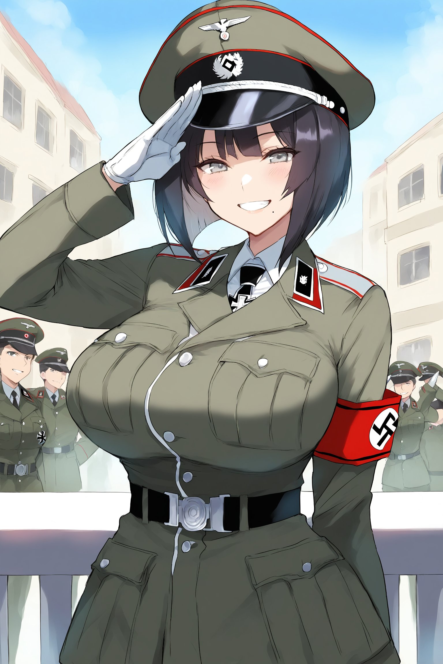 highly detailed, high quality, beautiful, masterpiece, high_quality, score_9, score_8_up, score_7_up, source_anime, perfect_lighting, score_6_up, suurin, mirham, outdoors, balcony, parade, military_parade, tanks, nazi_germany, female_focus, 1girl, short_hair, black_hair, light_gray_eyes, mole_under_mouth, happy, smile, grin, salute, heil, military_uniform, medals, iron_cross