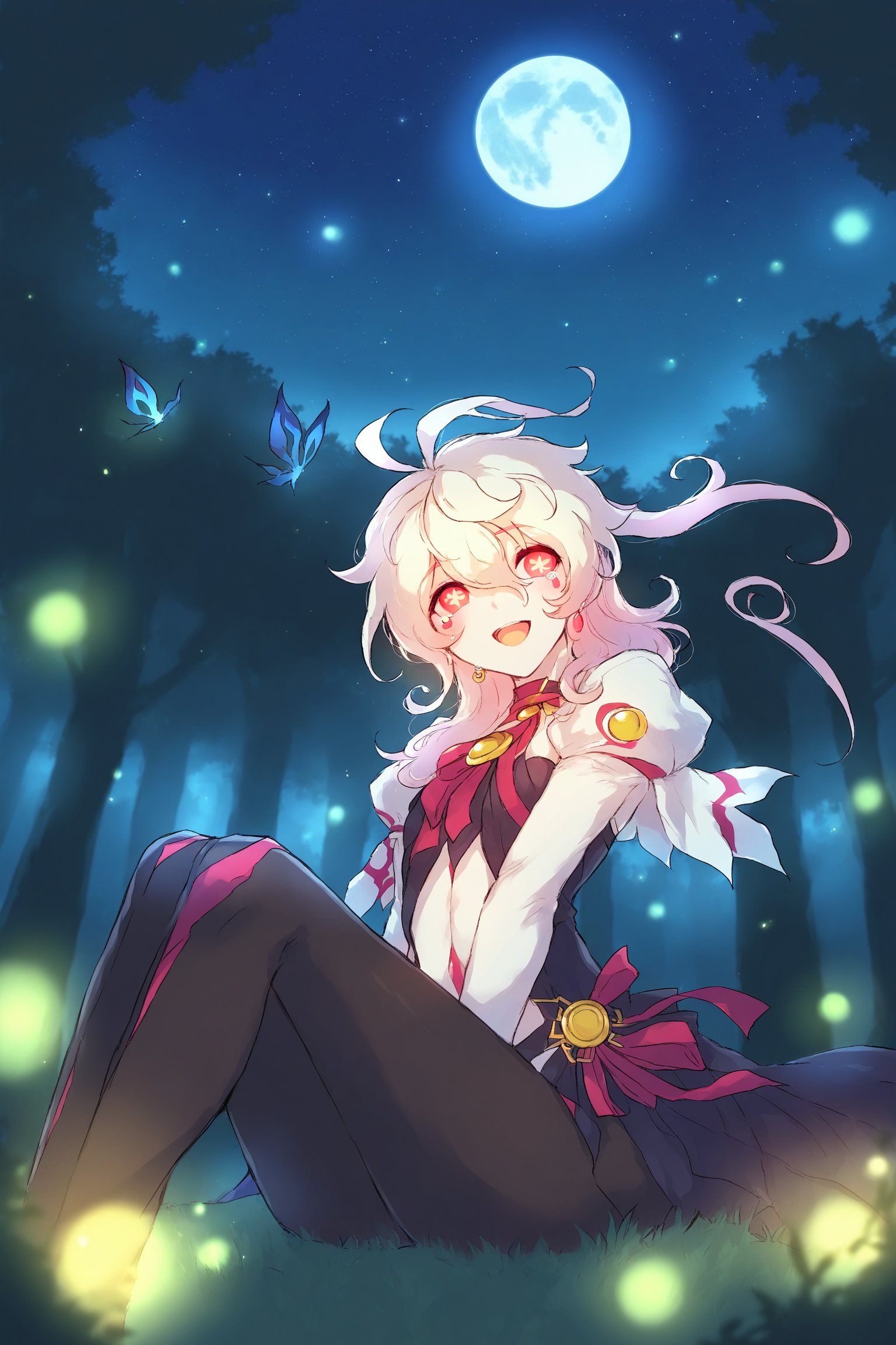 highly detailed, high quality, beautiful, masterpiece, high_quality, score_9, score_8_up, score_7_up, source_anime, perfect_lighting, score_6_up, suurin, mirham, outdoors, forest, night, dark, fireflies, very_dark, stars, moon, constellations, trees, (Laby_(elsword):1.7), sitting, leaning_back, looking_up, star-shaped_pupils, happy, melancholy, melancholic, teardrop, one-eye_half_closed