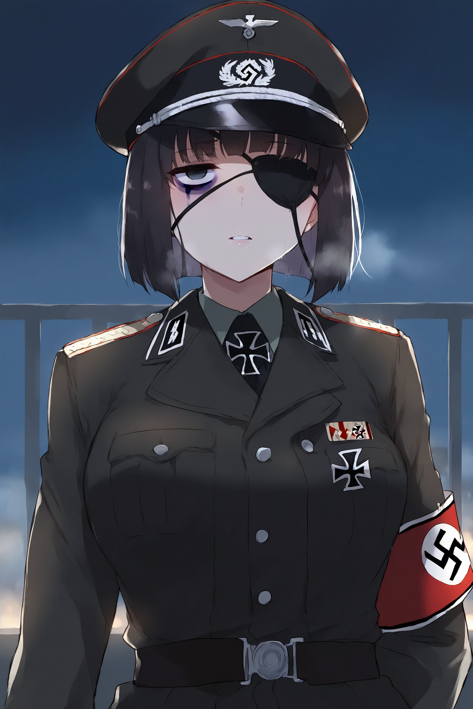 highly detailed, high quality, beautiful, masterpiece, high_quality, score_9, score_8_up, score_7_up, source_anime, perfect_lighting, score_6_up, suurin, mirham, outdoors, balcony, dark, night, fog, very_dark, nazi_germany, female_focus, 1girl, short_hair, black_hair, light_gray_eyes, mole_under_mouth, (one_arm:1.2), (amputee:0.9), (tired:1.3), (eyebags:1.7), (bags_under_eyes:1.7), military_uniform, medals, iron_cross