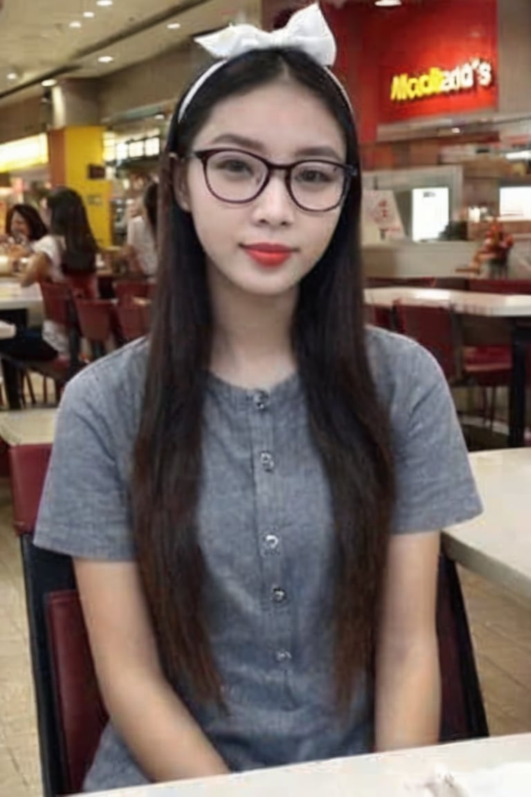 Full body shot, head to toe, front view of young slender Asian model girl wearing eyeglasses and detailed long sleek casual office dress, lip gloss, hair band, long brown straight hair, calmly sitting at the dining table in McDonald's restaurant decorated with birthday theme beside a school bag, fair skin, photorealistic, magazine cover, realism, photographic quality, Extremely Realistic