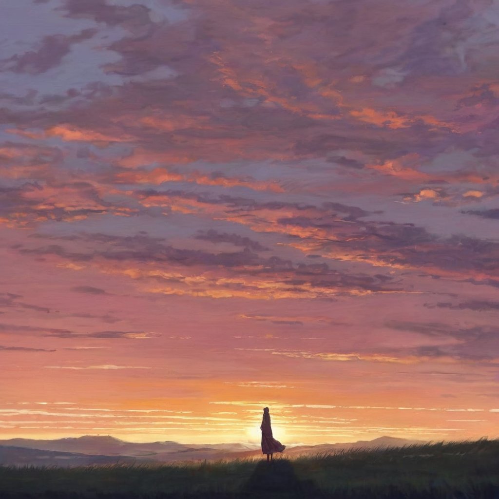 A solitary figure stands in silhouette against the vibrant, orange-pink hues of the setting sun, its gentle rays casting long shadows across the landscape. The subject's features are shrouded in mystery as she gazes out at the horizon, her slender form blending seamlessly with the fading light.