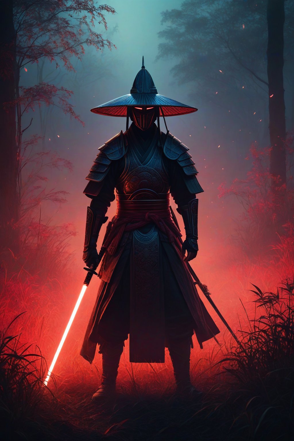 A captivating and enigmatic digital illustration features a shadowy figure,  seemingly a warrior or samurai,  kneeling ami...