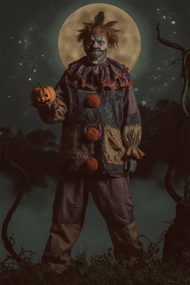 The portrait features a whimsical yet eerie clown, standing against a backdrop of a dark, moonlit Halloween night. The clown's face is painted in vibrant colors, with exaggerated features: a bright red nose, oversized blue eyes, and a wide, painted grin that hints at mischief. 

His hair is a wild, frizzy mane of orange and green, adding to the chaotic energy of the scene. Dressed in a patchwork costume of purple, black, and orange, the clown's outfit is adorned with tiny bats and pumpkins, enhancing the Halloween theme. 

In one hand, he holds a glowing jack-o'-lantern, casting an orange glow across his face, while the other hand gestures playfully as if inviting onlookers to join in the festivities. The background is filled with swirling fog and silhouettes of twisted trees, creating a mysterious atmosphere that contrasts with the clown's playful demeanor. 

Overall, the portrait captures the duality of Halloween—fun and fright—embodied in the character of the clown.