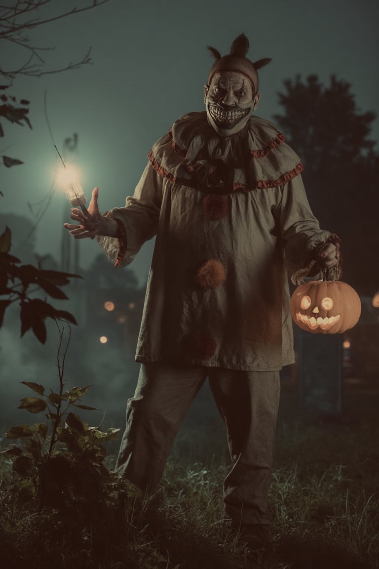 Twistyclown emerges from a foggy graveyard on Halloween night, holding a glowing pumpkin. Shadows dance around him as he smiles menacingly, surrounded by flickering lanterns and swirling autumn leaves