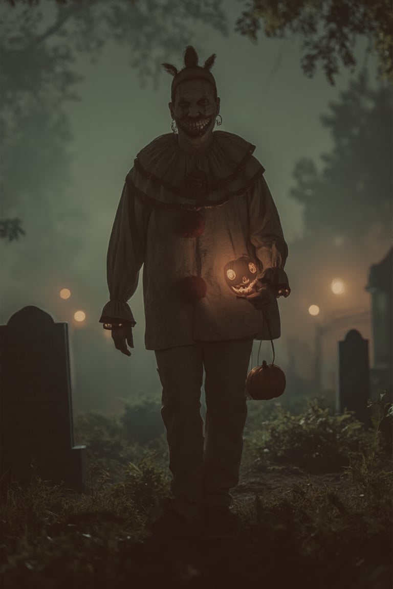 Twistyclown emerges from a foggy graveyard on Halloween night, holding a glowing pumpkin. Shadows dance around him as he smiles menacingly, surrounded by flickering lanterns and swirling autumn leaves