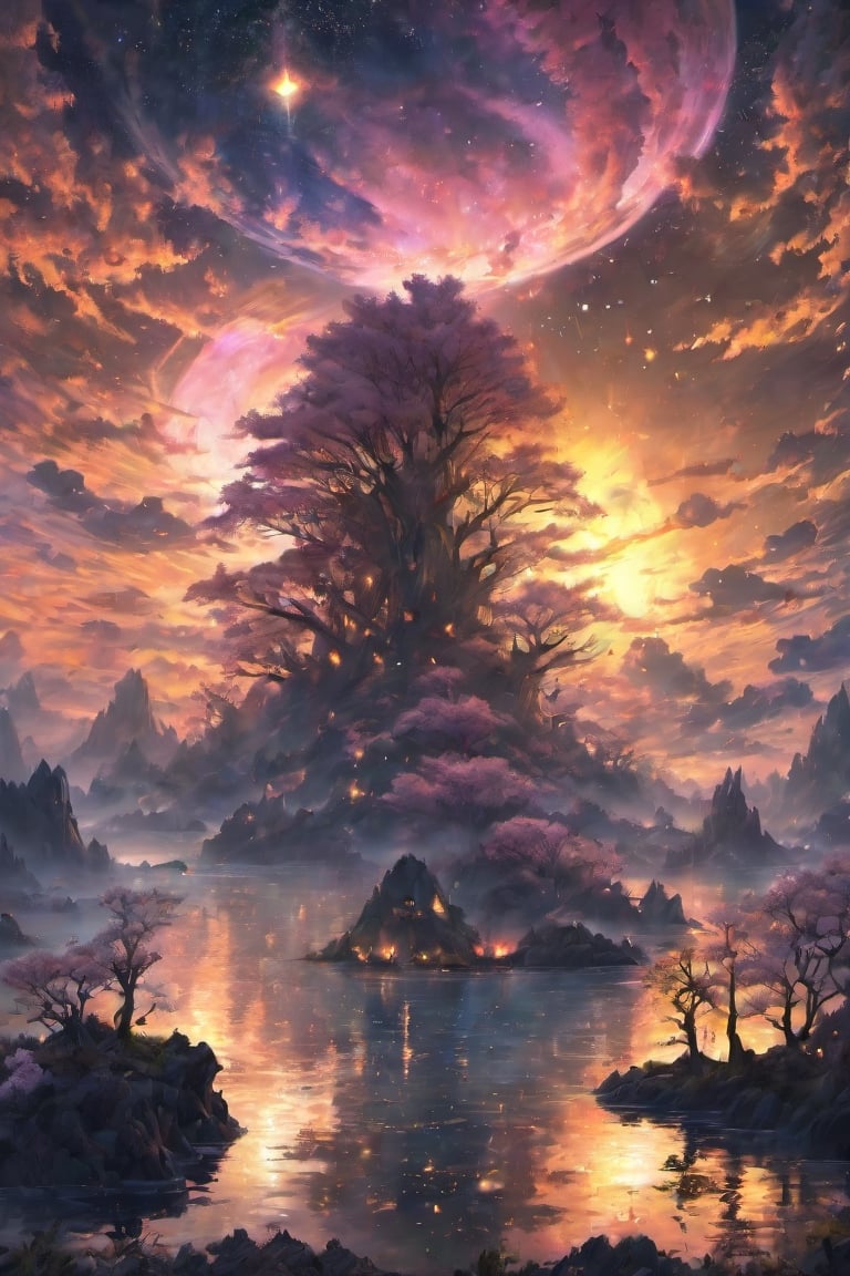 A wide angle visualization of a mystical scene of a sunset, showing a starry night filled with clouds, there is a reflection of a sakura tree in the sea in the center, illuminated by fireflies, an epic moment of quiet contemplation and understanding the meaning of your journey. highly detailed, uhd anime wallpaper, digital animation, epic, beautifully pictorial,