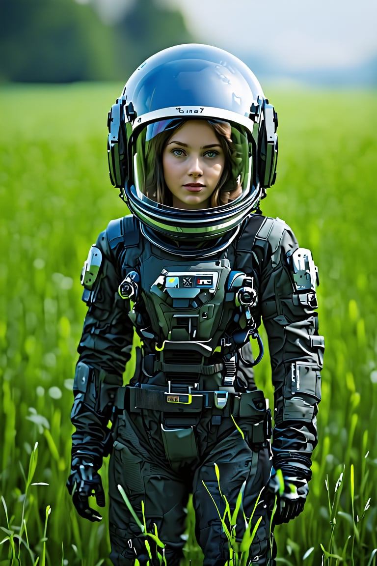 1girl, no helmet , space suit, green field, saturated, uncanny, 8k ,4k resolution 