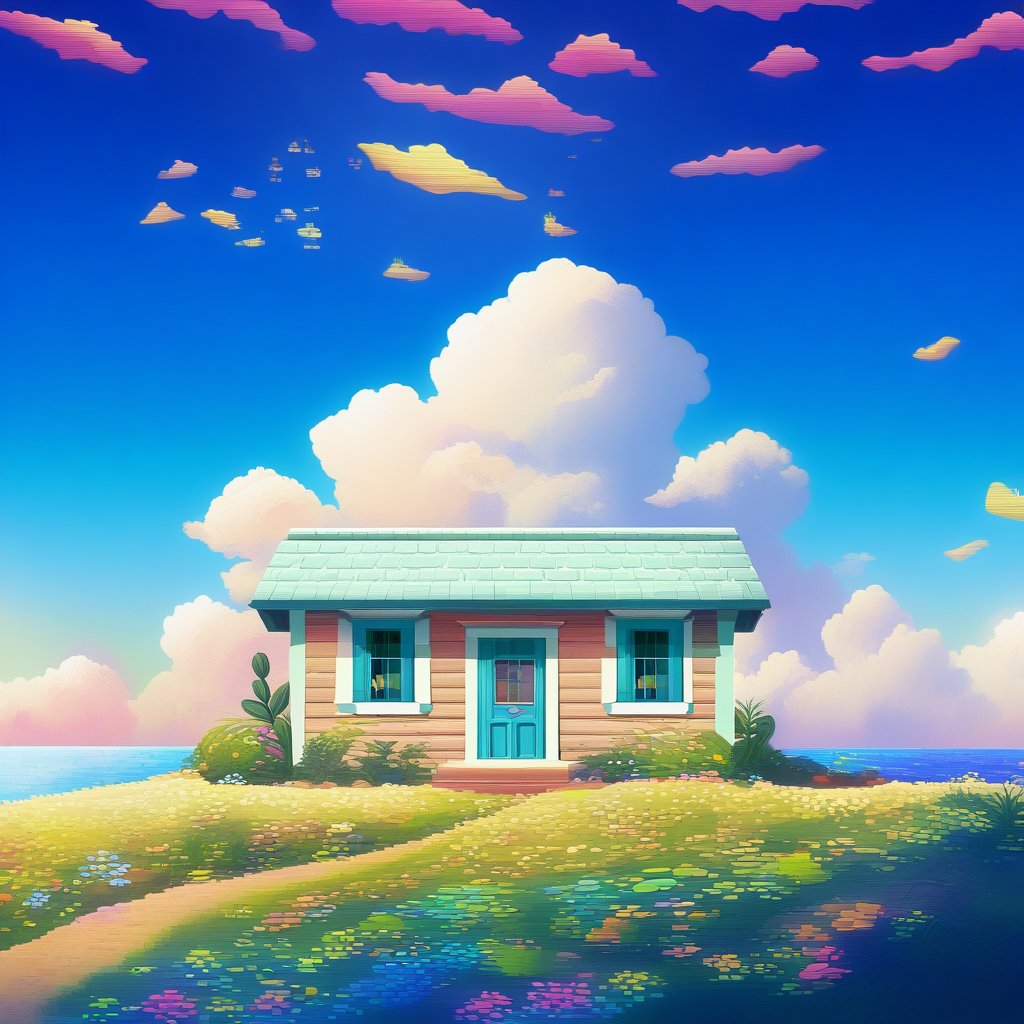 This image is a stylized representation of a coastal house, likely intended to evoke a sense of peace and idyllic simplicity. The art style suggests it could be from a storybook or animation, designed to capture the viewer's imagination with its vibrant colors and whimsical details.