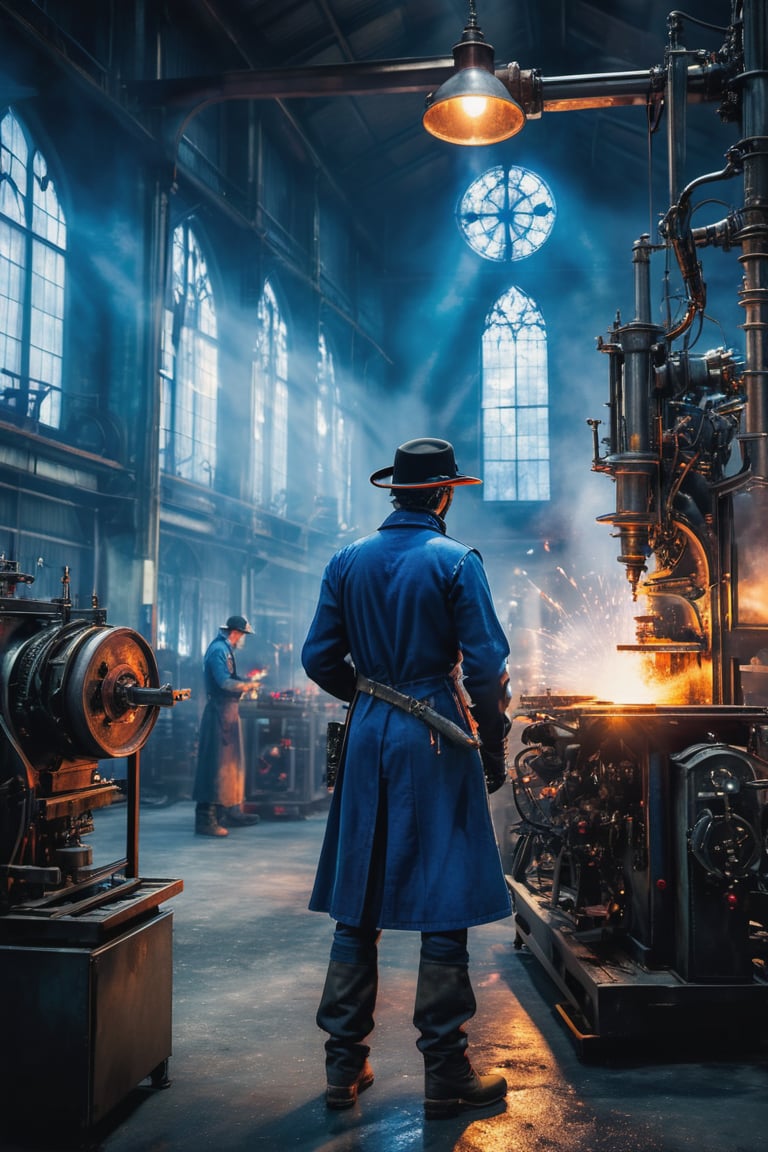 a Swiss maintenance technician is seen wearing a blue uniform, busy inspecting a manufacturing machine in a brightly lit factory. His colleagues, also of Swiss descent, are discussing maintenance schedules in the background. The atmosphere is focused yet collaborative, mirroring the positive work environment of the company. Tools and technical manuals are scattered around, showcasing the technician's required expertise. The scene captures the essence of the job: skilled individuals working diligently in a dynamic setting with opportunities for growth and development. Bloodborne, dark magic splash, gothic, burnt sephia gradient, magic splash, fantasy art, watercolor effect, bokeh, digital painting, soft lighting, retro aesthetic, natural lighting, cinematic, masterpiece, highly detailed, intricate, extreme texture