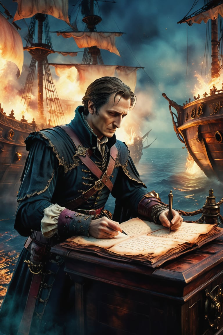 Julius Caesar writing poetry on a pirate ship, Bloodborne, dark magic splash, gothic, burnt sephia gradient, fantasy art, watercolor effect, bokeh, digital painting, soft lighting, retro aesthetic, natural lighting, cinematic, masterpiece, highly detailed, intricate, extreme texture