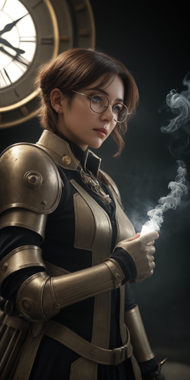 (Best Quality, highly detailed, Masterpiece:1.2), 16k, depth of field, Scenes with high tension, camera movement, anime Characters, dim lighting, Depth of field, details skin Texture, clothes Normal, grey tone, steampunk style, extreme closeup, woman, Scholars, mecha rabbit ears,  glasses, mecha armor on the arm, shoulder armor, Rusty, white blouse, ascot, Jodhpurs, Nobles clothes, giant clock background, Precision clock, Hollow out clock, glass, Clock Tower, Industrial era, smoke spark, dust, glowing effect, (Fantasy aesthetic style), (realistic light and shadow), (real and delicate background),mecha