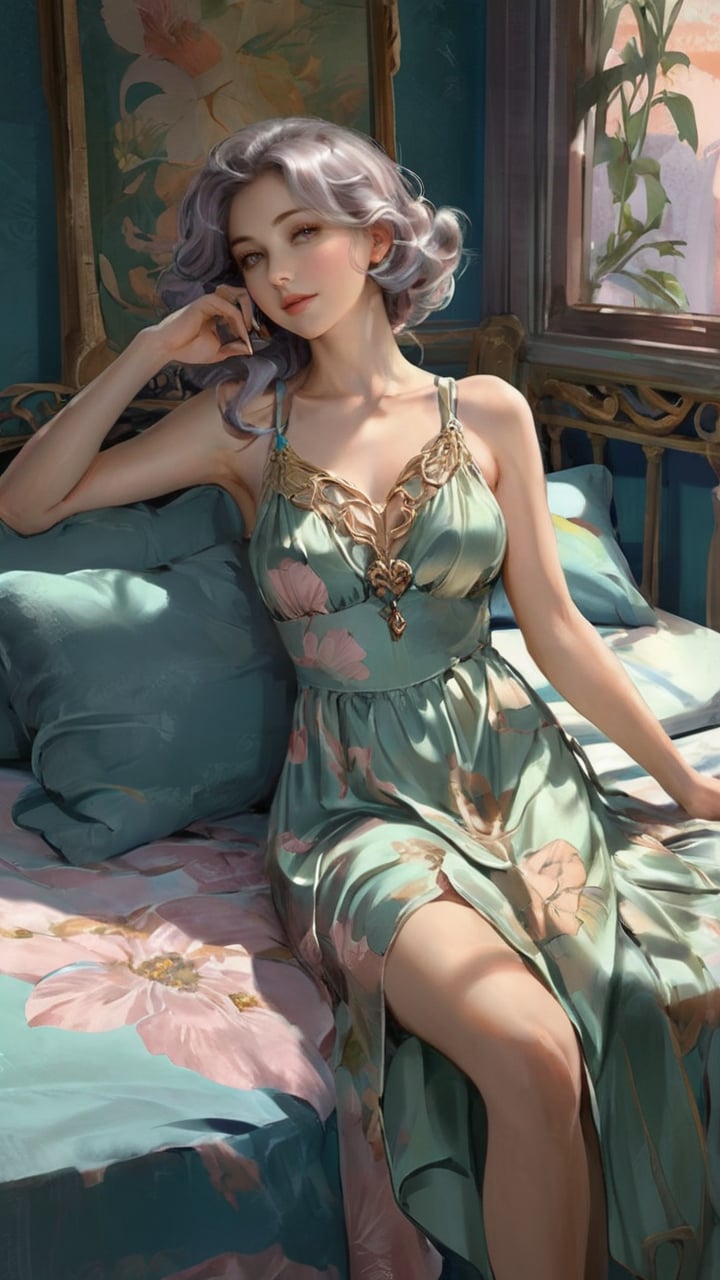 woman laying on a bed with a pillow and a cell phone, a pastel by Eva Frankfurther, reddit, art nouveau, summer dress, wearing in a summer dress, silk dress, cute sundress, cute dress, beautiful silky dress, sundress, in a dress, beautiful soft silky dress, flowing dress, soft cute colors, wearing sundress