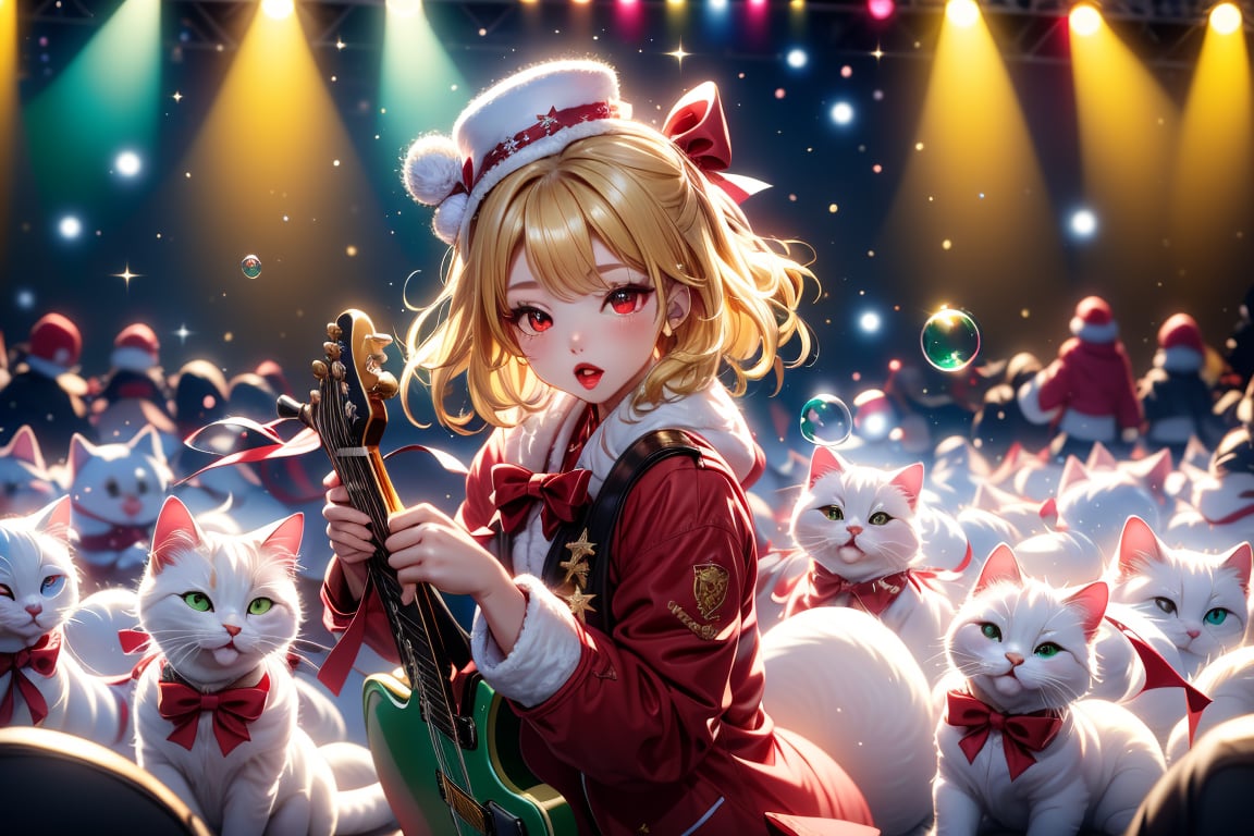 Blonde girl,singing,playing electric guitar,short hair,red eyes,long red eyelashes,red lips,wearing a red snow hat with a white fur ball on the top,a purple starfish on the hat,white fur on the edge of the hat,and a red coat,coat with gold buttons,green skirt,green bow on the neck,green sneakers,gold laces, no gloves,singing in front of microphone,sleeping furry white cat audience,white cat wearing a pink bow on head,surrounded by bubbles,shining point,concert,colorful stage lighting,no people,Tetris game background,anime