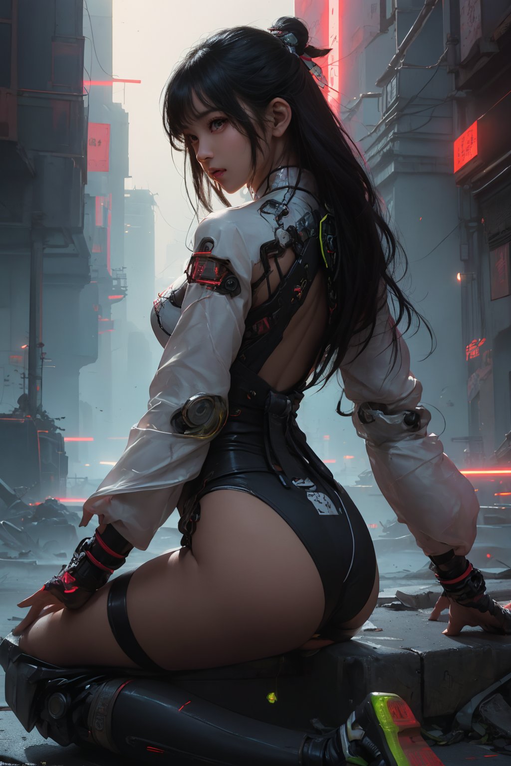 Sexy Pose , (masterpiece),(solo), 1 Japanese beauty, white hair ,  (high sexual attraction,long hair), in the dark night, (sexy Chinese Hanfu+body implants) ,(highly detailed background of ancient Indian achitechture with neon lights) ,Cyberpunk,Enhance,  Chinese fantasy art