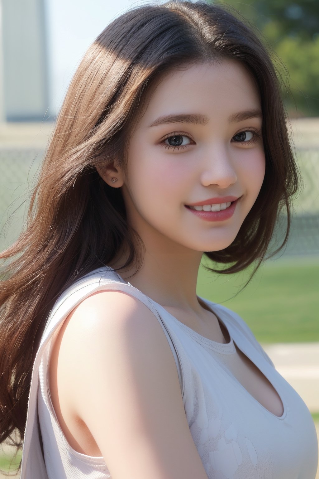 (8k,  best quality,  masterpiece,  ultra high res,  highly detail face:1.3),  portrait,  (18 years old girl:1.3),  beautiful,  kawaii,  (very wide shot :1.2),  (long hair :1.3),  dark hair,  ((bob)),  clothes,  from side:1.2, (happy smile :1.4), sweat ,  (morning:1.3), tennis-court, white tennis wear,  from below:1.3