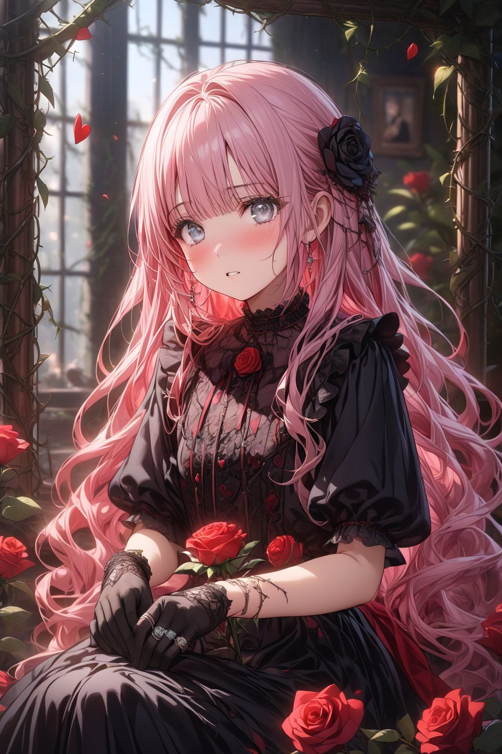 masterpiece, best quality, extremely detailed, (illustration, official art:1.1), 1 girl ,(((( light pink long hair)))), light pink hair, ,15 years old, long hair ((blush)) , beautiful face, big eyes, masterpiece, best quality,(((((a very delicate and beautiful girl))))),Amazing,beautiful detailed eyes,blunt bangs((((little delicate girl)))),tareme(true beautiful:1.2), ,masterpiece, best quality,1girl, solo, flower, long hair, rose, red hair, red flower, heart, grey eyes, thorns, red rose, vines, dress, looking at viewer, parted lips, bangs, black flower, black dress, gloves, holding, plant, very long hair, skeleton, ring, white background, black rose, picture frame, card, frills, black gloves, white eyes, blurry ////////, ,