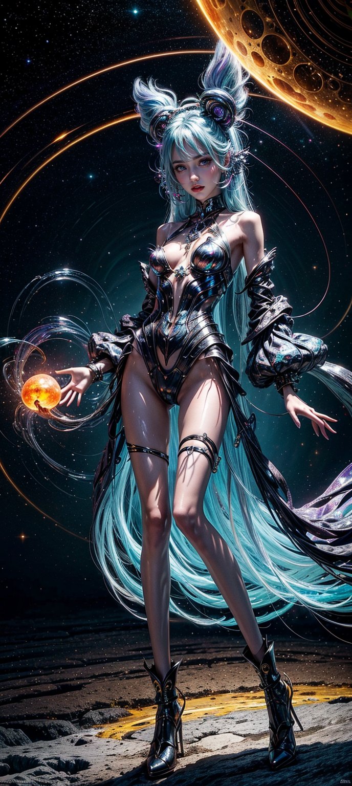 A humanoid figure with shimmering, iridescent fur radiates an otherworldly aura. Celestial antennae protrude from her temples, as if attuned to the whispers of the cosmos. She stands within a shell of wonder, surrounded by swirling vortex energies that evoke planetary dreamscape. Her full body glows with vibrant hues of red, yellow, and iron, as if infused with cosmic enchantment. In this surreal artistry, she embodies an alien essence, her very presence conjuring an amber-hued aura that seems to defy the laws of physics.