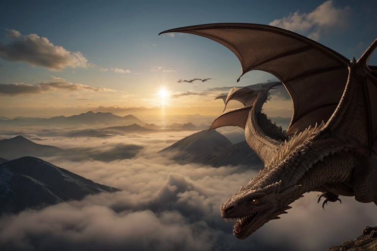 hyperrealistic photo of Emilia Clarke, realistic blonde hairs, as Daenerys Targaryen, riding Drogon, flying high over Westeros. The setting is vast and breathtaking, with green fields, mountains and castles. Daenerys has a determined and confident expression, looking at the horizon. The dragon Drogon rises majestically, with its wings spread, with clouds and the sun as a backdrop. The image should have an epic and cinematic style, with high resolution, vibrant colors, and a strong contrast between light and shadow.