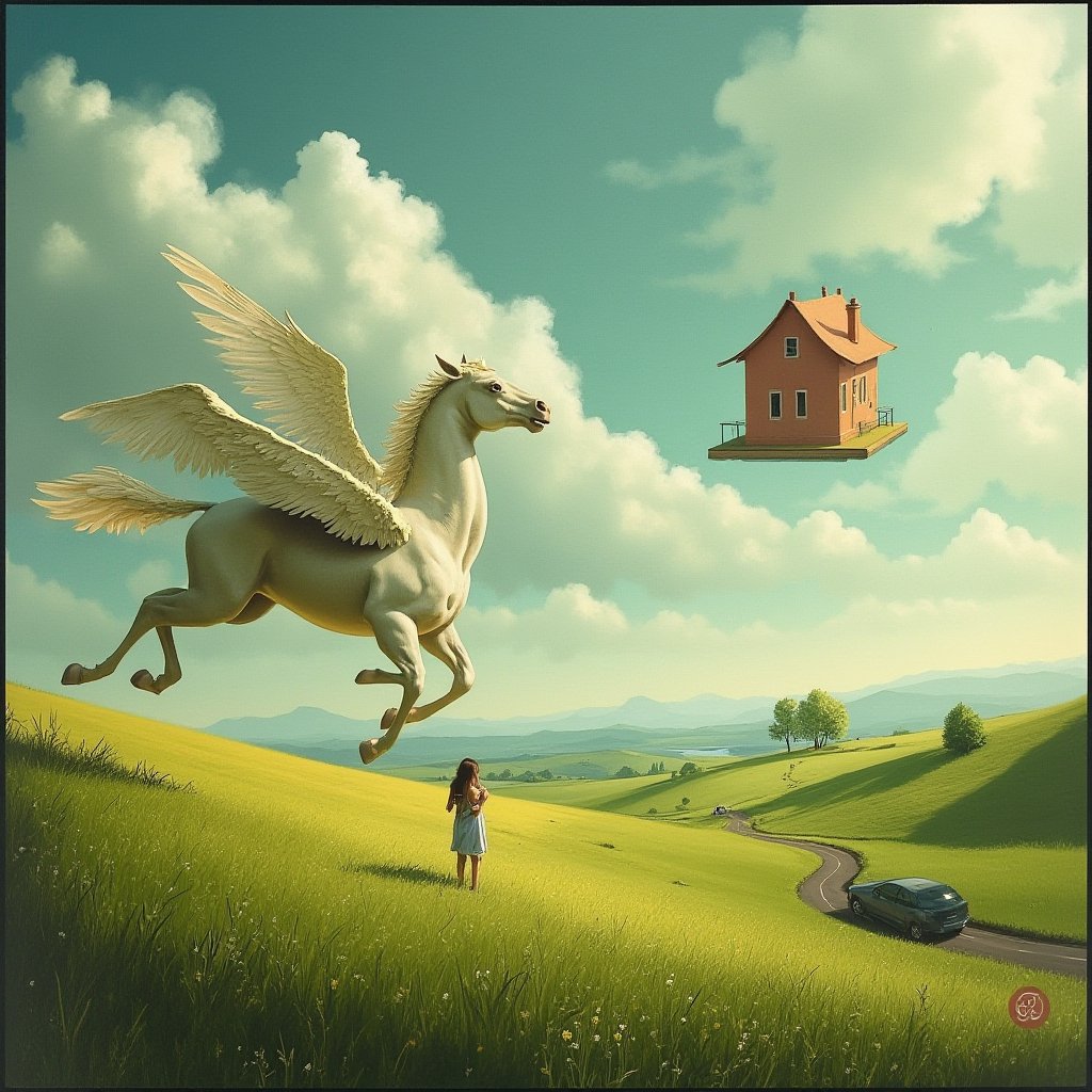 a dreamlike landscape where you see a winged horse flying over a green field, a floating house, an image of a couple of people hugging, a blur, a car on the road,