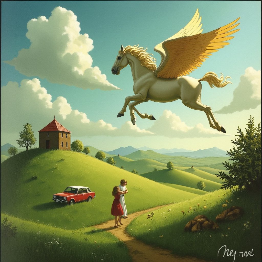 a dreamlike landscape where you see a winged horse flying over a green field, a floating house, an image of a couple of people hugging, a blur, a car on the road,