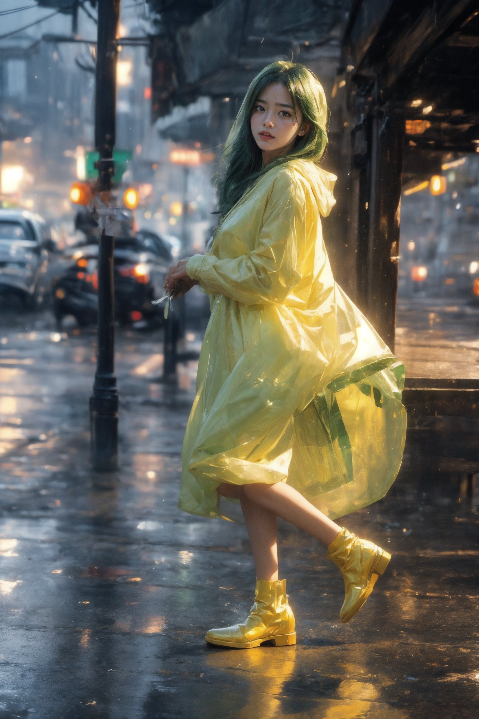 Masterpiece, top quality, 1 girl, looking at viewer, smile, long hair, choppy bangs, green hair. Hood up, yellow raincoat, tall girl, rain boots, wet hair, raindrops, puddles, smiling, splashing, cloudy sky, reflective strips, playing in rain, waterproof fabric Strong wind, heavy rain, storm clouds, wind noise, flying debris, lightning, traffic congestion, people seeking shelter, crashing waves, storm preparations, street road. Outdoors, dynamic, highly detailed, concept art, smooth, sharp focus, model pose.