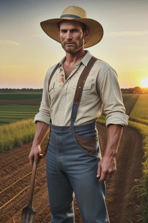 A photo-realistic image in SDXL Raw file quality, capturing a strikingly handsome American farmworker from the 1930s. He has chiseled features, wearing a wide-brimmed hat and a dirt-streaked white shirt. The full-body shot from the front shows him standing tall, holding a hoe. The sun is setting behind him, casting a warm glow over the fields. The photo is styled with a Nikon DSLR, Kodak film grain, and David Lazar's aesthetic, rendered in 8K with immense detail highlighting his physique.